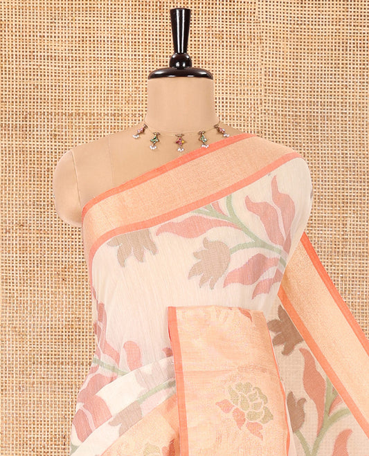 Cream Chanderi Cotton Saree, Elevated with Pochampally-Style Leaf Designs on Its Body, Complemented by a Contrast Border of Rose Floral Designs in Zari, Pallu of Colorful Floral Designs, and Paired with a Contrast Blouse