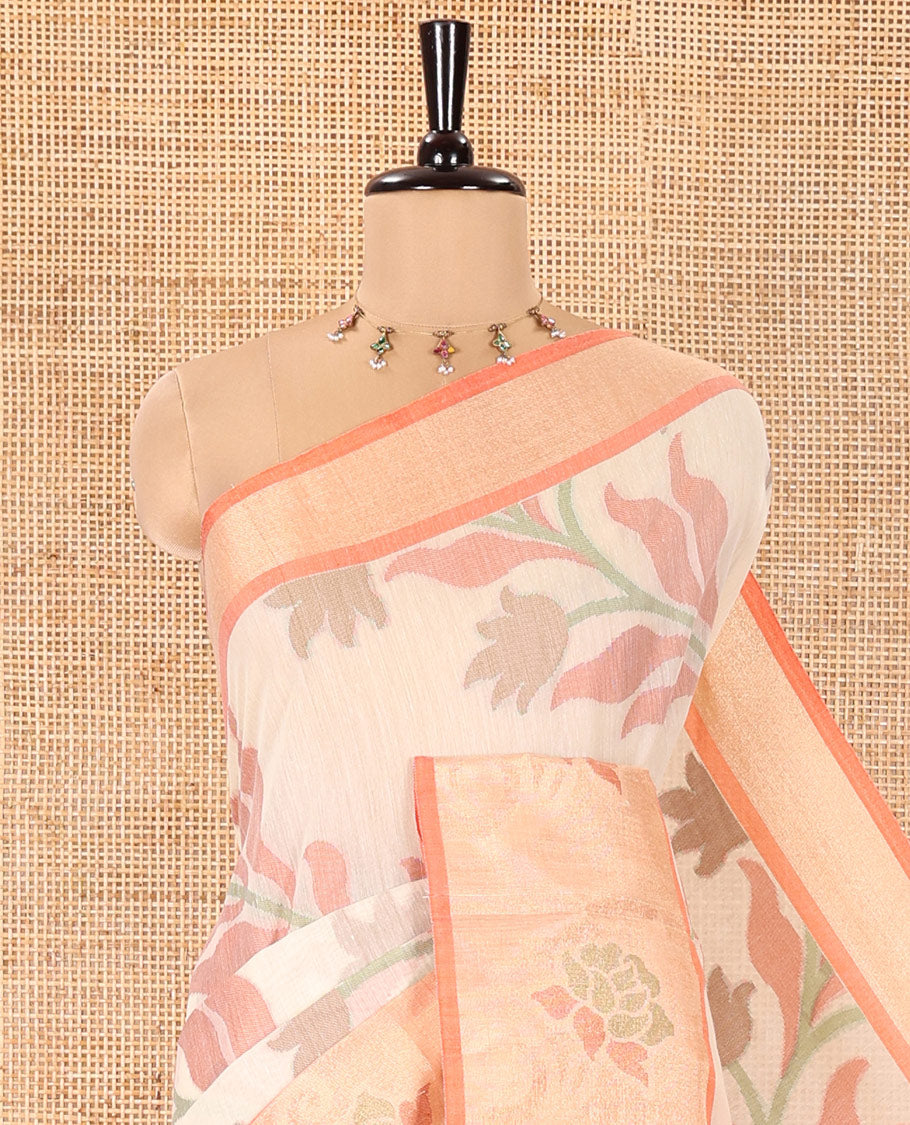 Cream Chanderi Cotton Saree, Elevated with Pochampally-Style Leaf Designs on Its Body, Complemented by a Contrast Border of Rose Floral Designs in Zari, Pallu of Colorful Floral Designs, and Paired with a Contrast Blouse