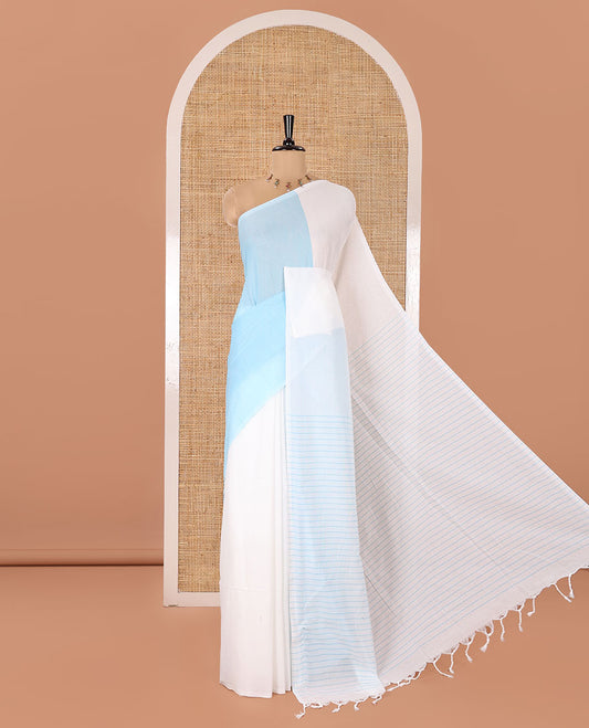 Borderless White and Baby Blue Plain Khadi Mul Cotton Saree, Self-Pallu Steeped with Stripes, and Paired with a Plain Blouse
