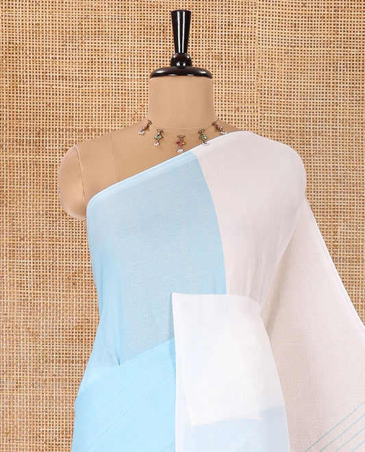 Borderless White and Baby Blue Plain Khadi Mul Cotton Saree, Self-Pallu Steeped with Stripes, and Paired with a Plain Blouse