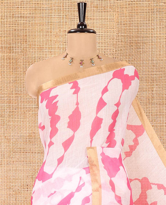 White-Pink Linen Cotton Saree, Bedecked with Shibori-Printed Body, Highlighted by Piping Border, Floral Printed Pallu, and a Contrast Blouse