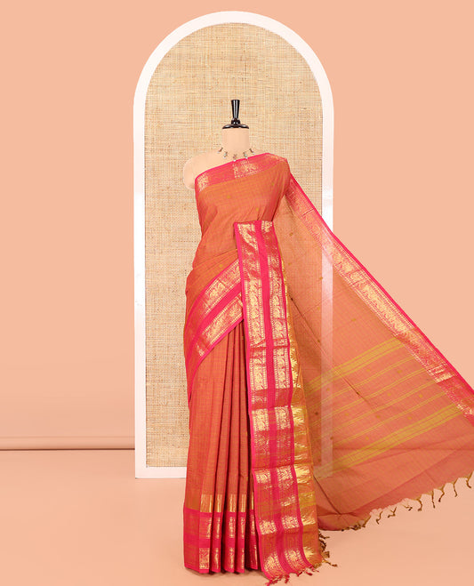 Orange Chettinad Cotton Saree, Subtly Enriched with Thread Buttas and Checks on Its Body, Complemented by a Contrast Temple Traditional Zari Design Rettai Pettu Border, Subtly Striped Pallu, and Paired with a Matching Blouse