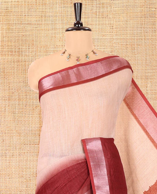 Chikku and Maroon Linen Cotton Saree, Subtly Designed with Half-And-Half-Style Dual-Color Dye on Its Body, Complemented by a Contrast Bavanji Border, Pallu of Batik Print, and Paired with a Contrast Blouse