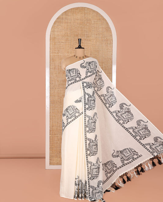 Cream Plain Kerala Cotton Saree, Artfully Printed with Elephant Motifs Border, Elephant Motifs Printed Pallu, and Paired with a Matching Blouse