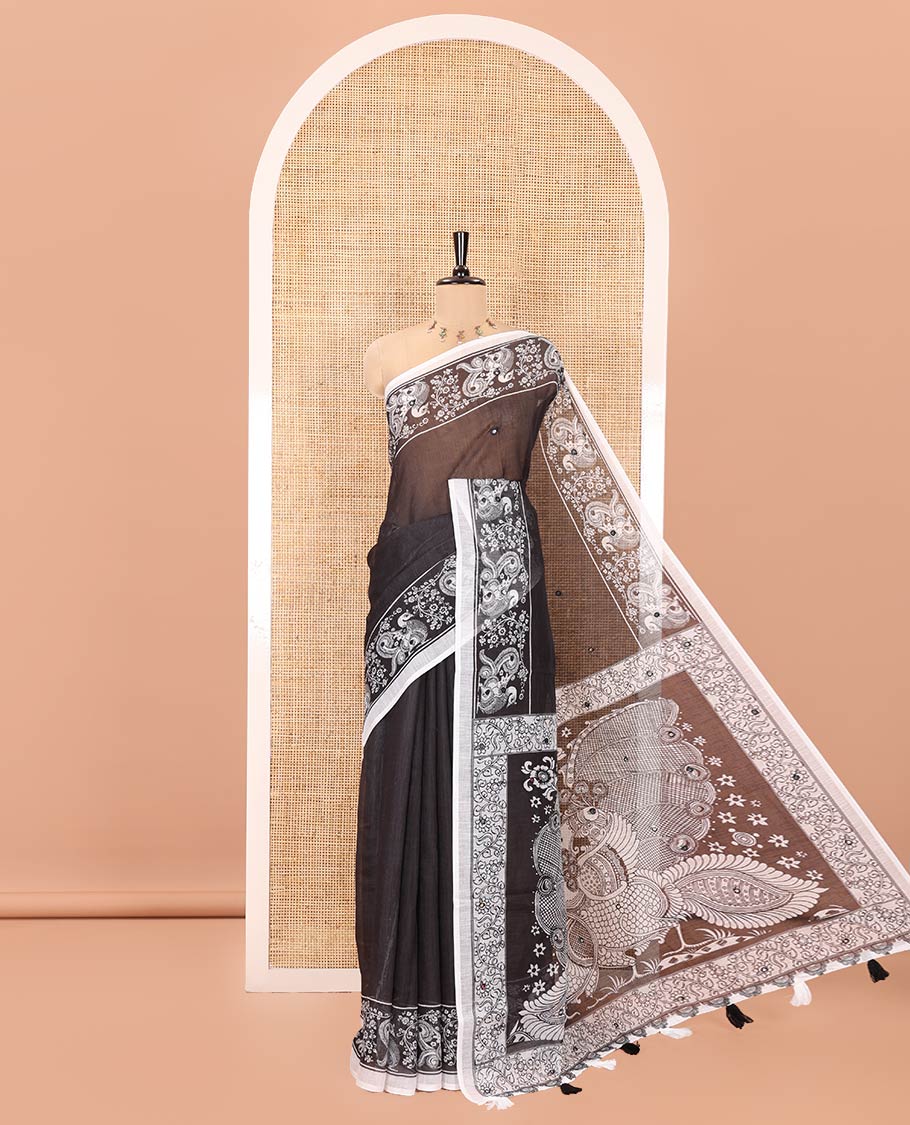 Black Linen Cotton Saree, Subtly Woven with Mirror Work On Its Body, Highlighted by Kalamkari Style Printed Border, Pallu of Kalamkari Peacock, and Paired with a Matching Blouse