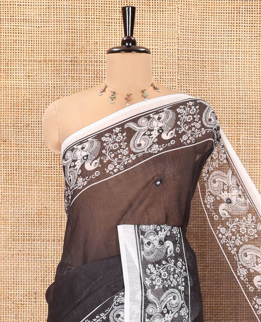 Black Linen Cotton Saree, Subtly Woven with Mirror Work On Its Body, Highlighted by Kalamkari Style Printed Border, Pallu of Kalamkari Peacock, and Paired with a Matching Blouse