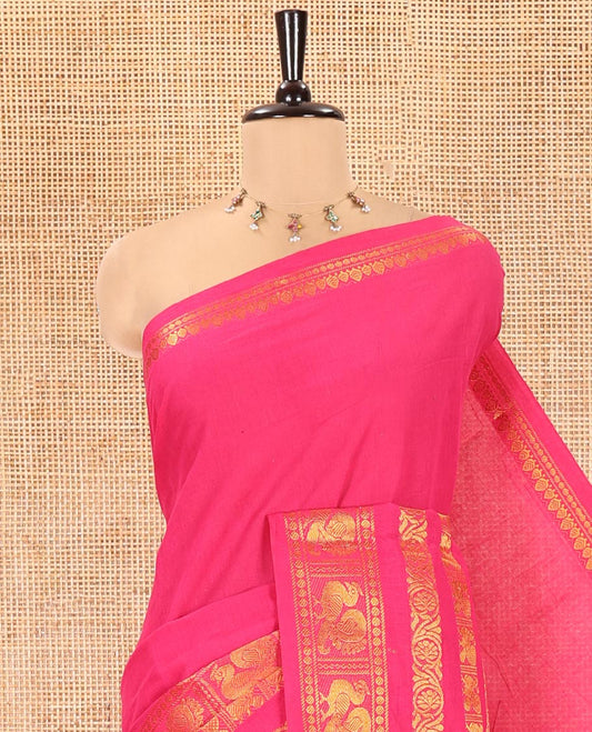 Rani PInk Plain Sungudi Cotton Saree, Highlighted by Traditional Zari Border of Peacock and Floral Creeper Designs, Subtly Striped Pallu, and Paired with a Contrast Blouse
