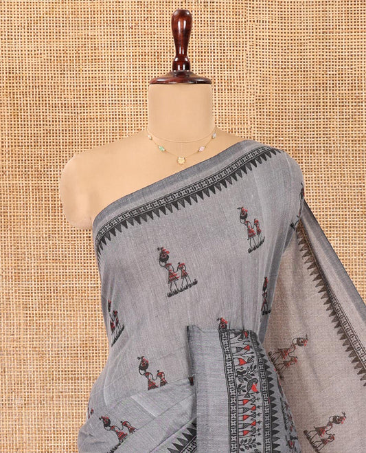Grey Khadi Mul Cotton Saree, Artfully Printed with Warli Motifs All Over Its Body, Highlighted by a Self-Border of Warli Print, Pallu of Warli Print, and Paired with a Matching Blouse