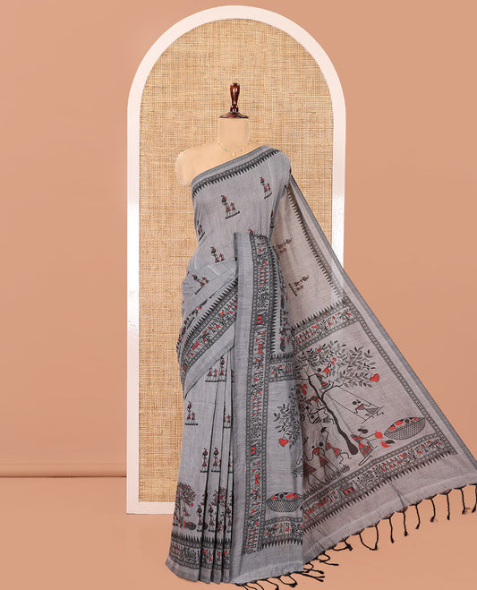 Grey Khadi Mul Cotton Saree, Artfully Printed with Warli Motifs All Over Its Body, Highlighted by a Self-Border of Warli Print, Pallu of Warli Print, and Paired with a Matching Blouse