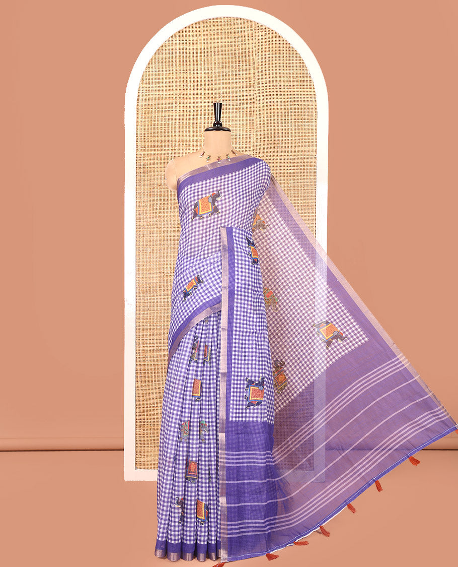 Lavender Linen Cotton Saree, Bedecked with Micro-Checks and Elephant Motifs on Its Body, Complemented by a Contrast Border, Striped Pallu, and Paired with a Contrast Elephant Motifs Printed Blouse