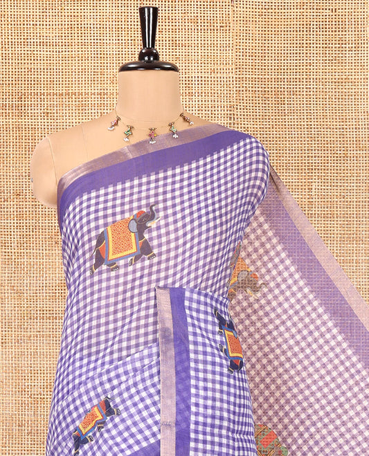 Lavender Linen Cotton Saree, Bedecked with Micro-Checks and Elephant Motifs on Its Body, Complemented by a Contrast Border, Striped Pallu, and Paired with a Contrast Elephant Motifs Printed Blouse