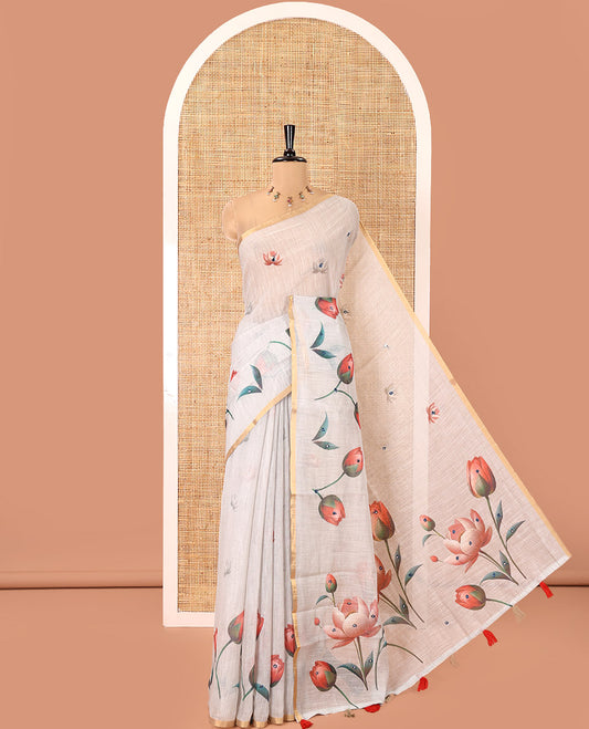 Apple Green Linen Cotton Saree, Beautified with Lotus Print and Mirror Work, a Piping Border, and a Matching Blouse