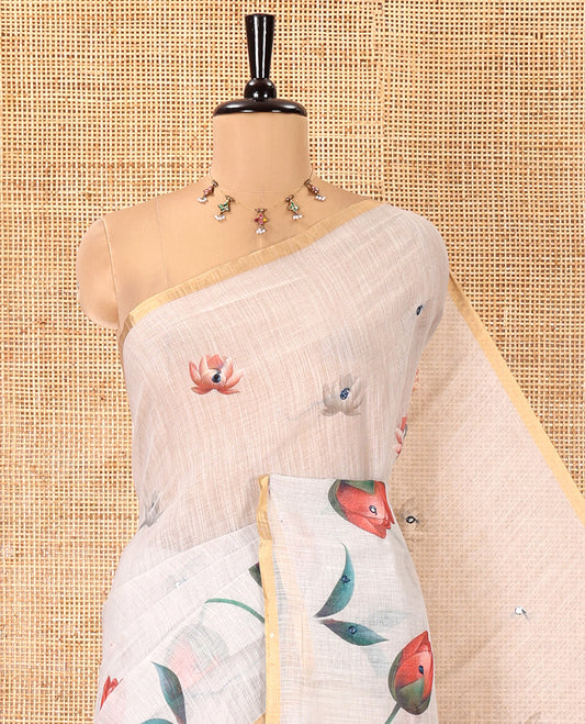 Apple Green Linen Cotton Saree, Beautified with Lotus Print and Mirror Work, a Piping Border, and a Matching Blouse