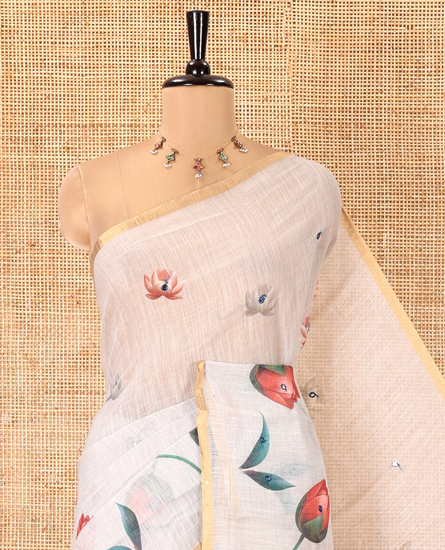 Apple Green Linen Cotton Saree, Beautified with Lotus Print and Mirror Work, a Piping Border, and a Matching Blouse