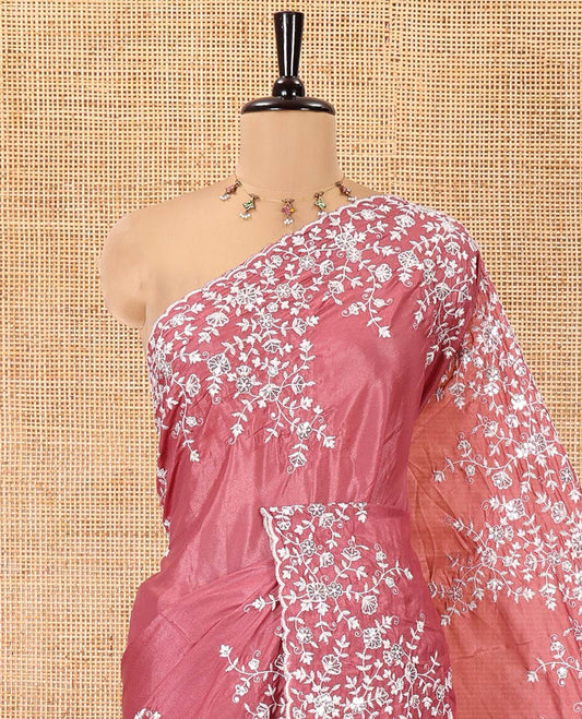 Onion Pink Plain Satin Crepe Saree, Accentuated with Floral Vine Thread Embroidery on Its Border, a Self-Pallu, and Paired with a Matching Blouse