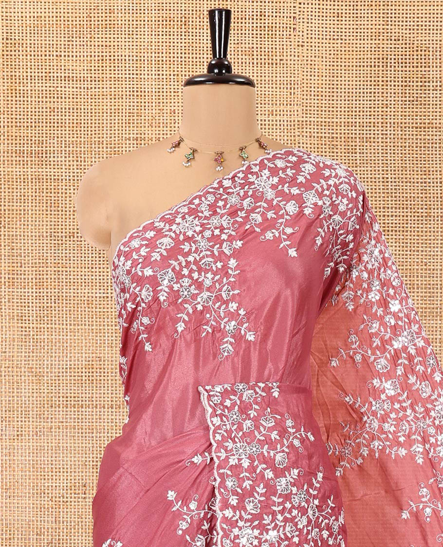 Onion Pink Plain Satin Crepe Saree, Accentuated with Floral Vine Thread Embroidery on Its Border, a Self-Pallu, and Paired with a Matching Blouse