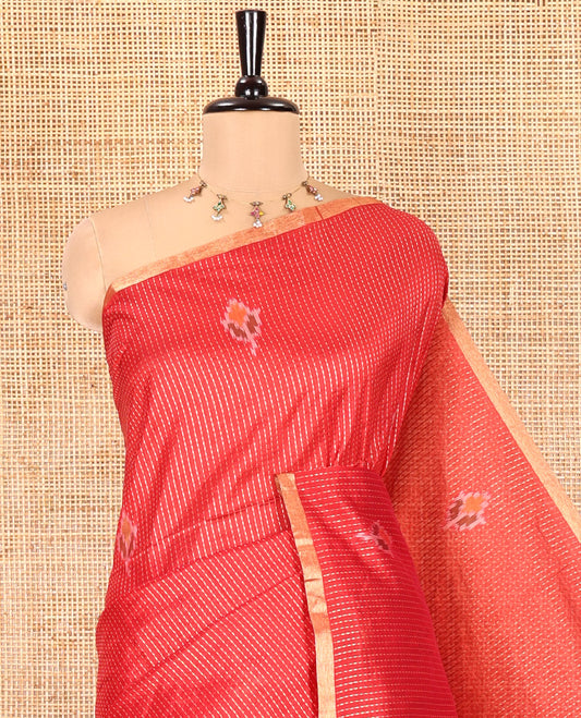 Red Art Tussar Saree, Mesmerized with Dotted-Kantha-Style Stripes and Ikkat Buttas on Its Body, a Subtle Piping Border, Pallu of Ikkat Floral and Macaw Parrot Designs, and Paired with a Matching Blouse