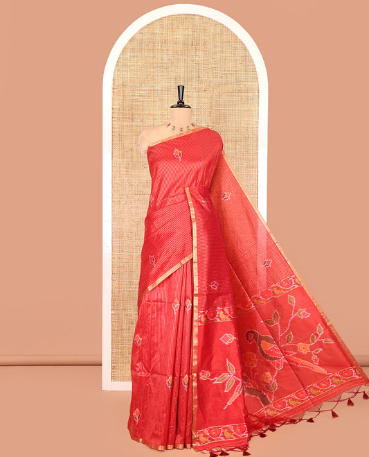 Red Art Tussar Saree, Mesmerized with Dotted-Kantha-Style Stripes and Ikkat Buttas on Its Body, a Subtle Piping Border, Pallu of Ikkat Floral and Macaw Parrot Designs, and Paired with a Matching Blouse