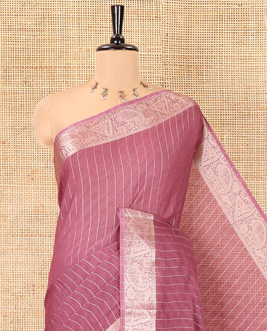 Lavender Moss Chiffon Saree, Gleamed Up with Vertical Stripes, a Zari Paisley-Diamond Border, and a Matching Blouse