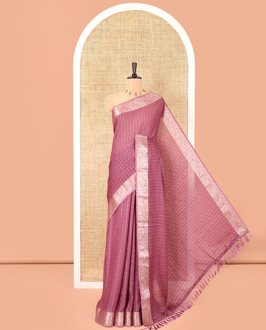 Lavender Moss Chiffon Saree, Gleamed Up with Vertical Stripes, a Zari Paisley-Diamond Border, and a Matching Blouse