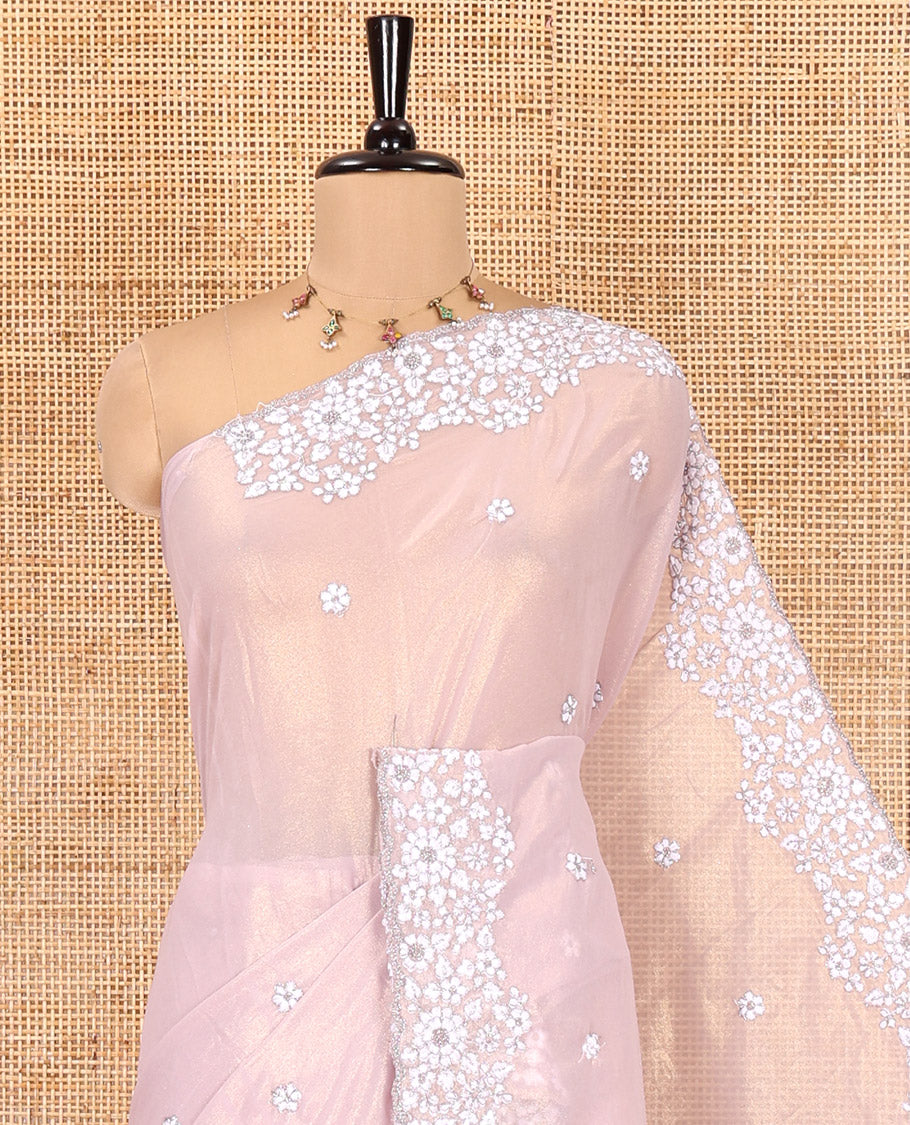 Lavender Shimmer Chiffon Saree, Artfully Detailed with Floral Embroidery on Its Body, Scallop Floral Embroidery Border, a Self-Pallu, and Paired with a Matching Embroidered Blouse