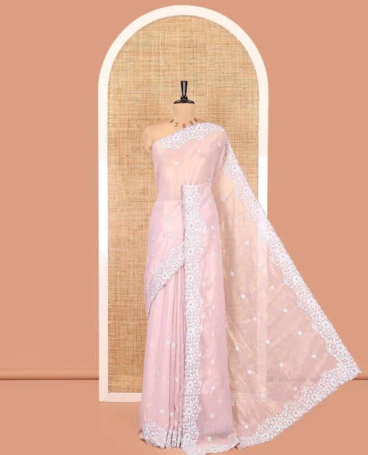 Lavender Shimmer Chiffon Saree, Artfully Detailed with Floral Embroidery on Its Body, Scallop Floral Embroidery Border, a Self-Pallu, and Paired with a Matching Embroidered Blouse