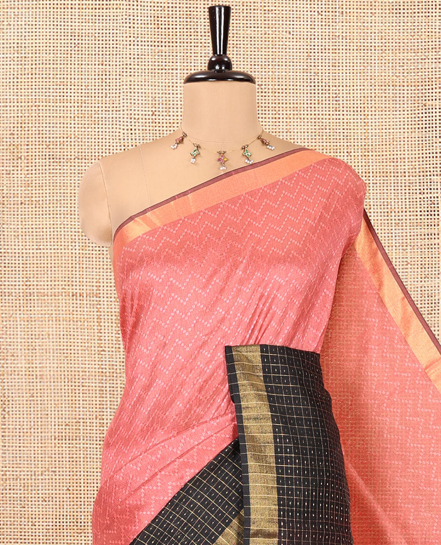 Onion Pink Semi-Raw Silk Saree, Delicately Woven with Zig-Zag Stripes All Over Its Body, Complemented by Contrast Border of Butta Enclosed Checks, Striped Pallu, and Paired with a Contrast Blouse