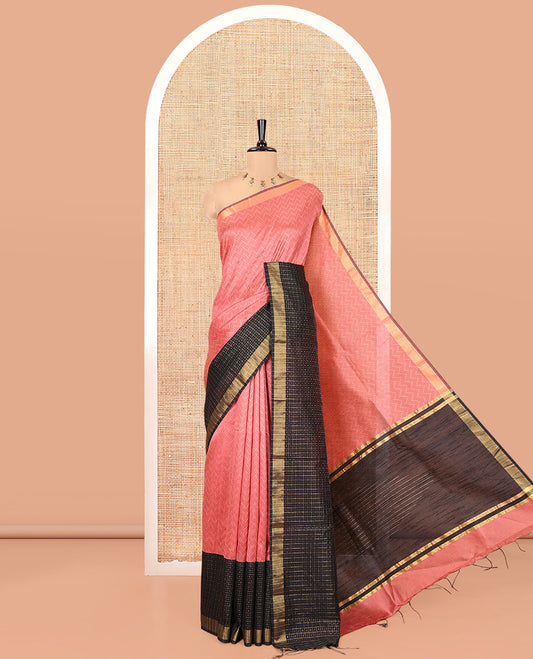 Onion Pink Semi-Raw Silk Saree, Delicately Woven with Zig-Zag Stripes All Over Its Body, Complemented by Contrast Border of Butta Enclosed Checks, Striped Pallu, and Paired with a Contrast Blouse