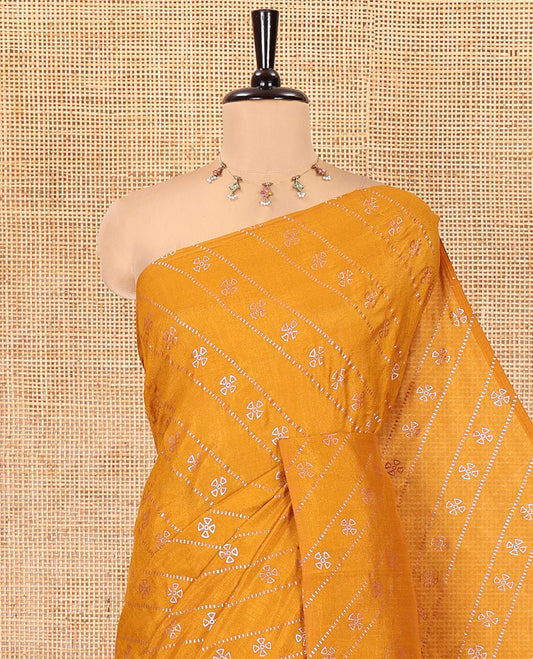 Borderless Mustard Vichitra Silk Saree, Gleamed Up with Floral Buttas and Leheriya-Style Foil Print on Its Body, a Self-Pallu, and Has No Blouse