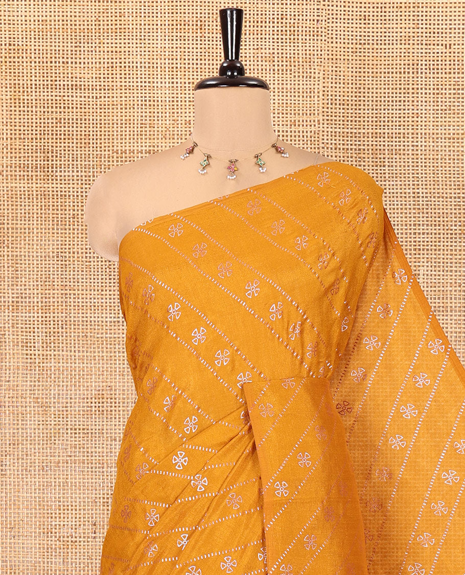 Borderless Mustard Vichitra Silk Saree, Gleamed Up with Floral Buttas and Leheriya-Style Foil Print on Its Body, a Self-Pallu, and Has No Blouse