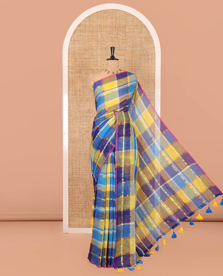 Borderless Blue Khadi Mul Cotton Saree, Showcasing Checked Block and Zari Checks, a Self-Pallu, and No Blouse