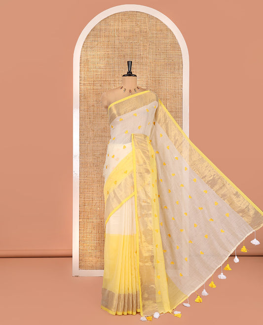 Cream and Yellow Khadi Mul Cotton Saree, Adorned with Half-And-Half-Style and Heart Motifs Embroidery on Its Body, a Subtle Gold Zari Border, a Self-Pallu, and Has No Blouse