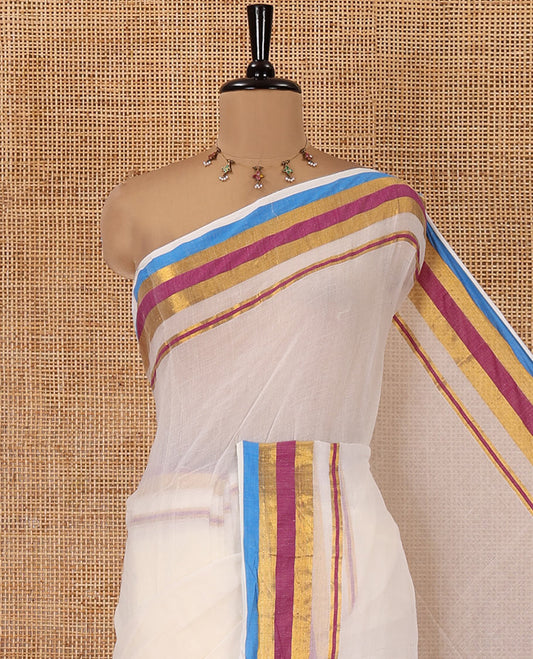 Cream Plain Khadi Mul Cotton Saree, Complemented by a Contrast Rainbow-Style Zari Striped Border, a Self-Pallu, and Has No Blouse