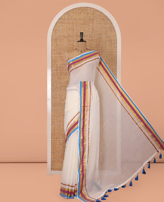 Cream Plain Khadi Mul Cotton Saree, Complemented by a Contrast Rainbow-Style Zari Striped Border, a Self-Pallu, and Has No Blouse