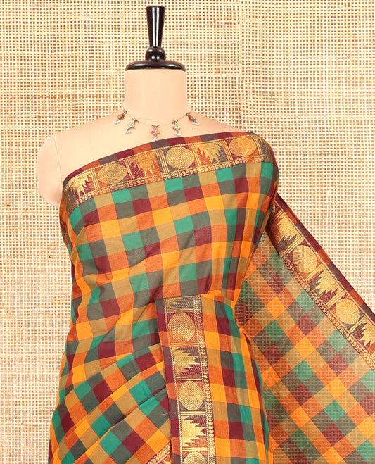 Green-Orange Chettinad Cotton Saree, Adorned with Madras Checks, a Zari Temple and Rudraksham Designs Border, and No Blouse