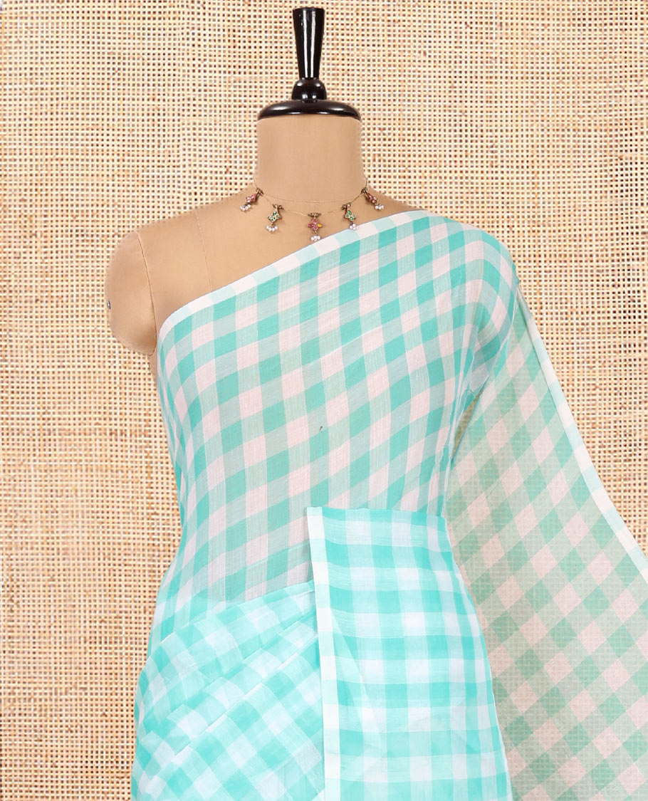 Borderless Sea Green Khadi Mul Cotton Saree, Adorned with Micro-Checks and No Blouse