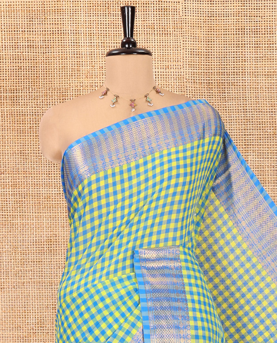Lemon Yellow-Blue Chettinad Cotton Saree, Adorned with Vintage Checks, Contrast Traditional Border, Striped Pallu, and Matching Blouse