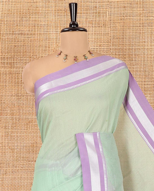 Green Mercerised Cotton Saree with Sparse Stripes, a Contrast Temple Border, Striped Pallu, and a Matching Blouse
