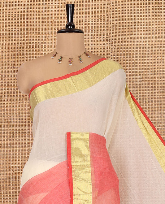 Off-White-Red Plain Khadi Mul Cotton Saree, a Bavanji Border, a Self-Pallu, and a No Blouse