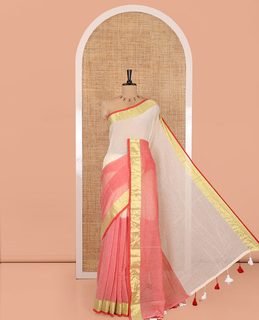 Off-White-Red Plain Khadi Mul Cotton Saree, a Bavanji Border, a Self-Pallu, and a No Blouse