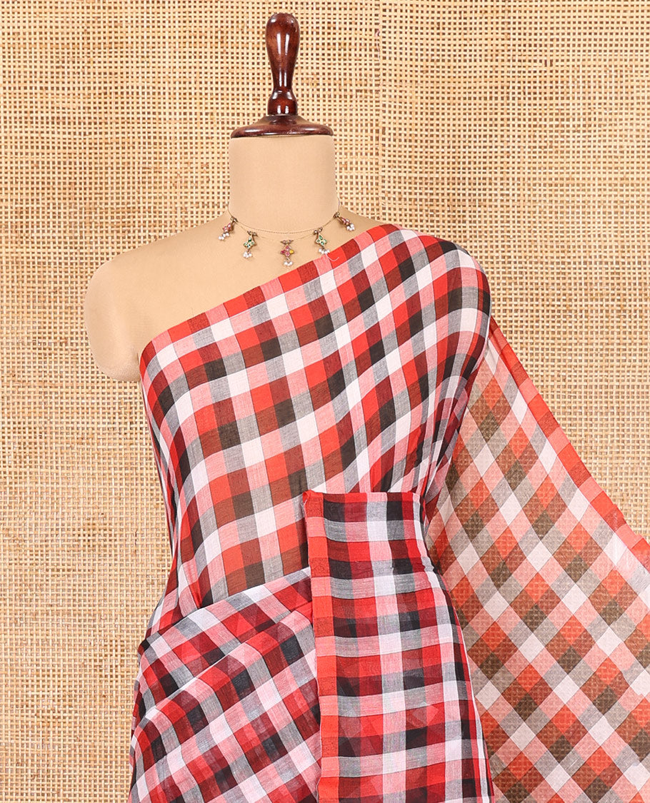 Borderless White-Black Khadi Mul Cotton Saree, Adorned with Madras Checks, Comes without Blouse