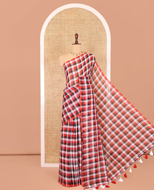 Borderless White-Black Khadi Mul Cotton Saree, Adorned with Madras Checks, Comes without Blouse
