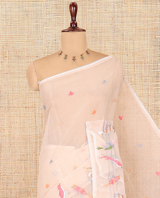 Chikku Kota Doria Saree Features Thread-Embroidered Bird Motifs, a Lace Border, and a Matching Blouse
