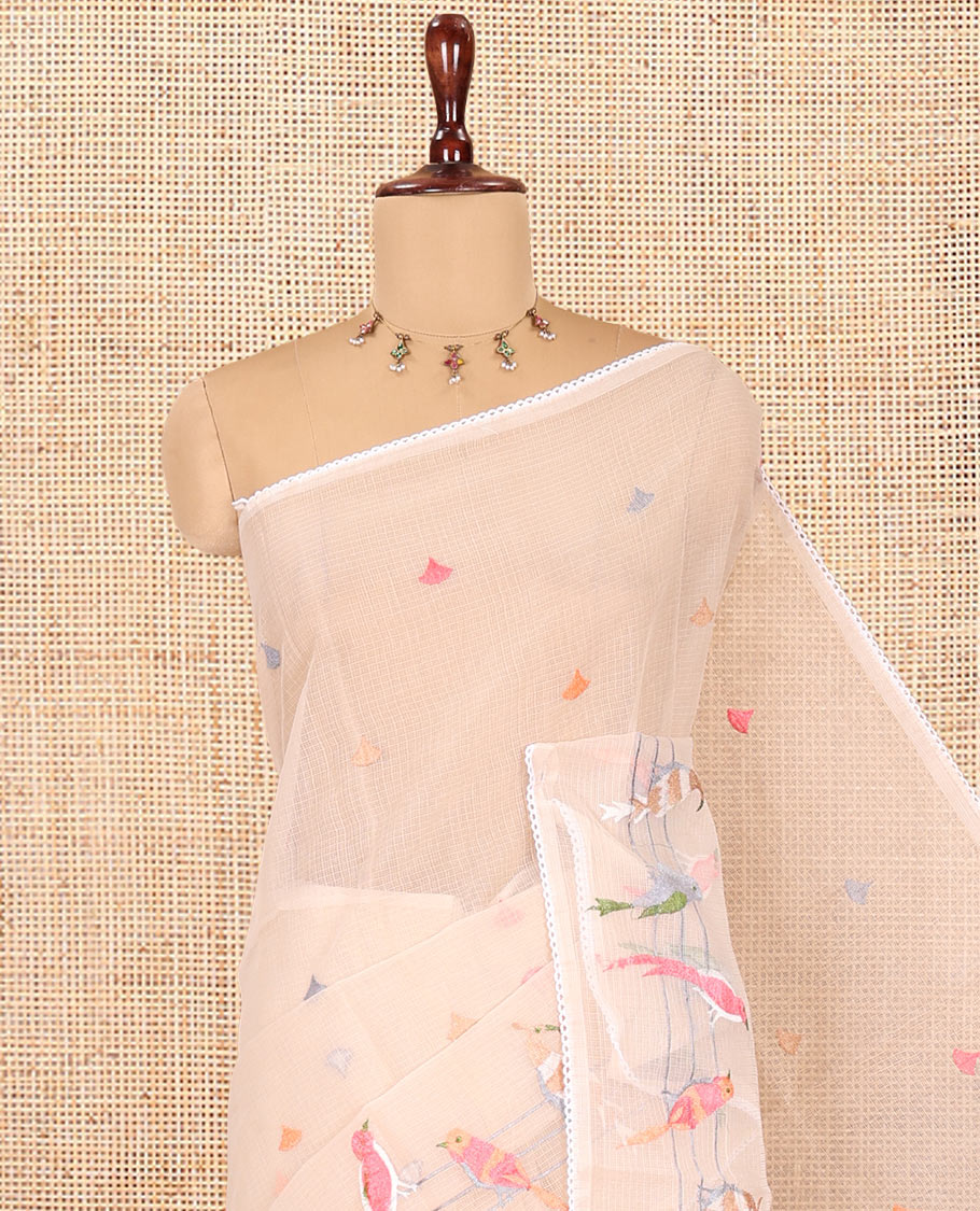 Chikku Kota Doria Saree Features Thread-Embroidered Bird Motifs, a Lace Border, and a Matching Blouse