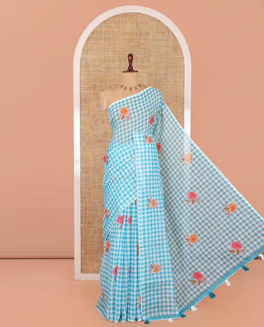 Blue Linen Cotton Saree, Adorned with Checks and a Floral Print, Lace Border, a Self-Pallu, and a Contrast Blouse
