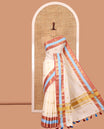 Cream Kerala Cotton Saree, Bedecked with Zari Buttas, Contrast Peacock-Paisley Border, a Matching Blouse