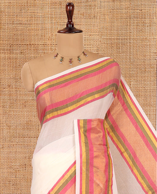 Cream Plain Khadi Mul Cotton Saree, Complemented by a Contrast Pink Border, a Self-Pallu, and a Matching Blouse