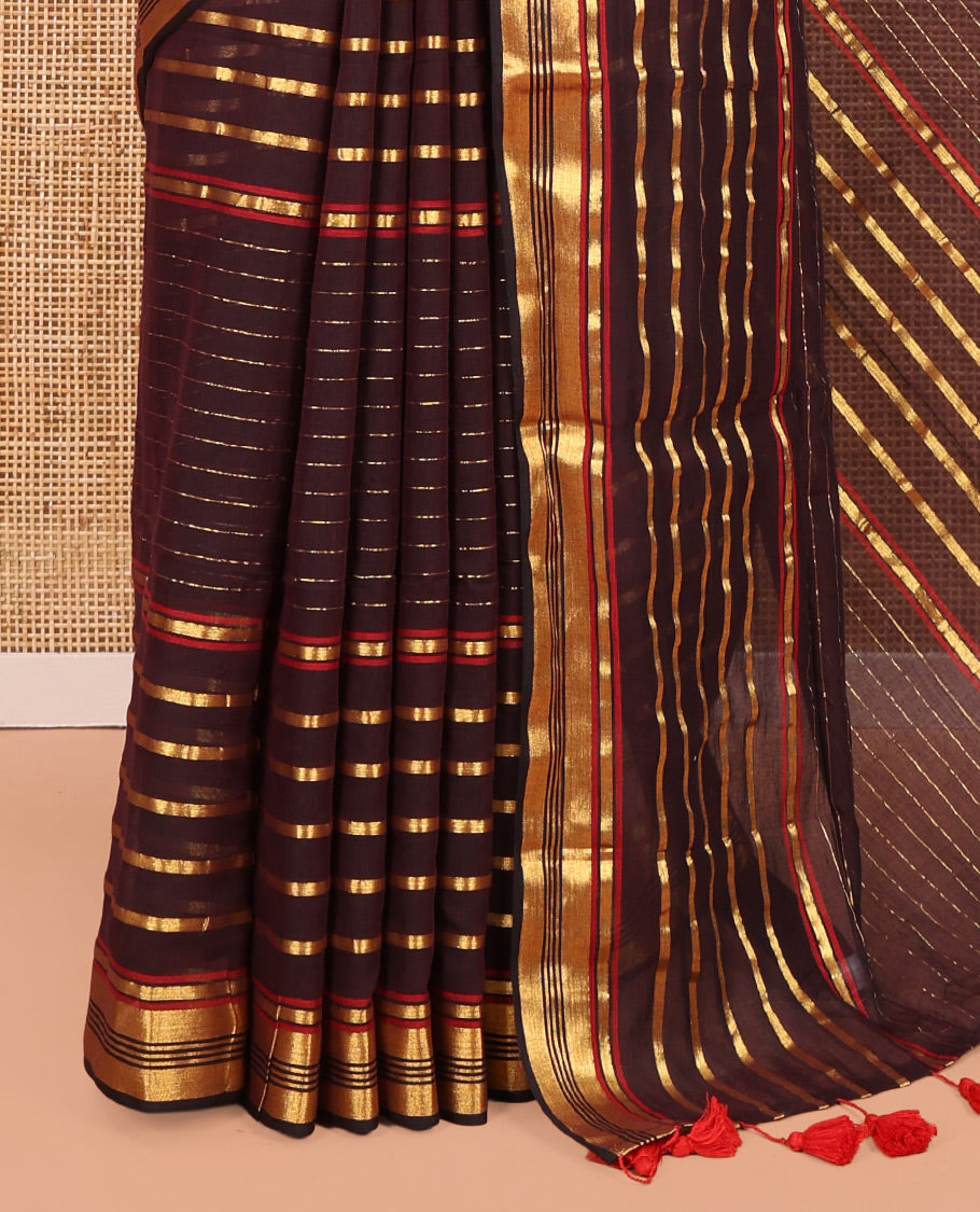 Brown Khadi Mul Cotton Saree, Adorned with Horizontal Gold Zari Stripes, a Zari Border, Self-Pallu, and No Blouse