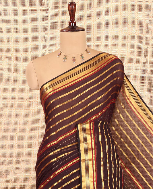 Brown Khadi Mul Cotton Saree, Adorned with Horizontal Gold Zari Stripes, a Zari Border, Self-Pallu, and No Blouse