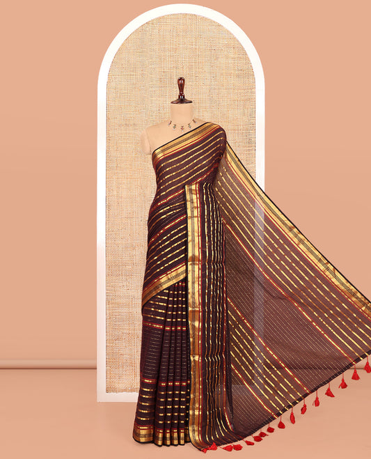 Brown Khadi Mul Cotton Saree, Adorned with Horizontal Gold Zari Stripes, a Zari Border, Self-Pallu, and No Blouse